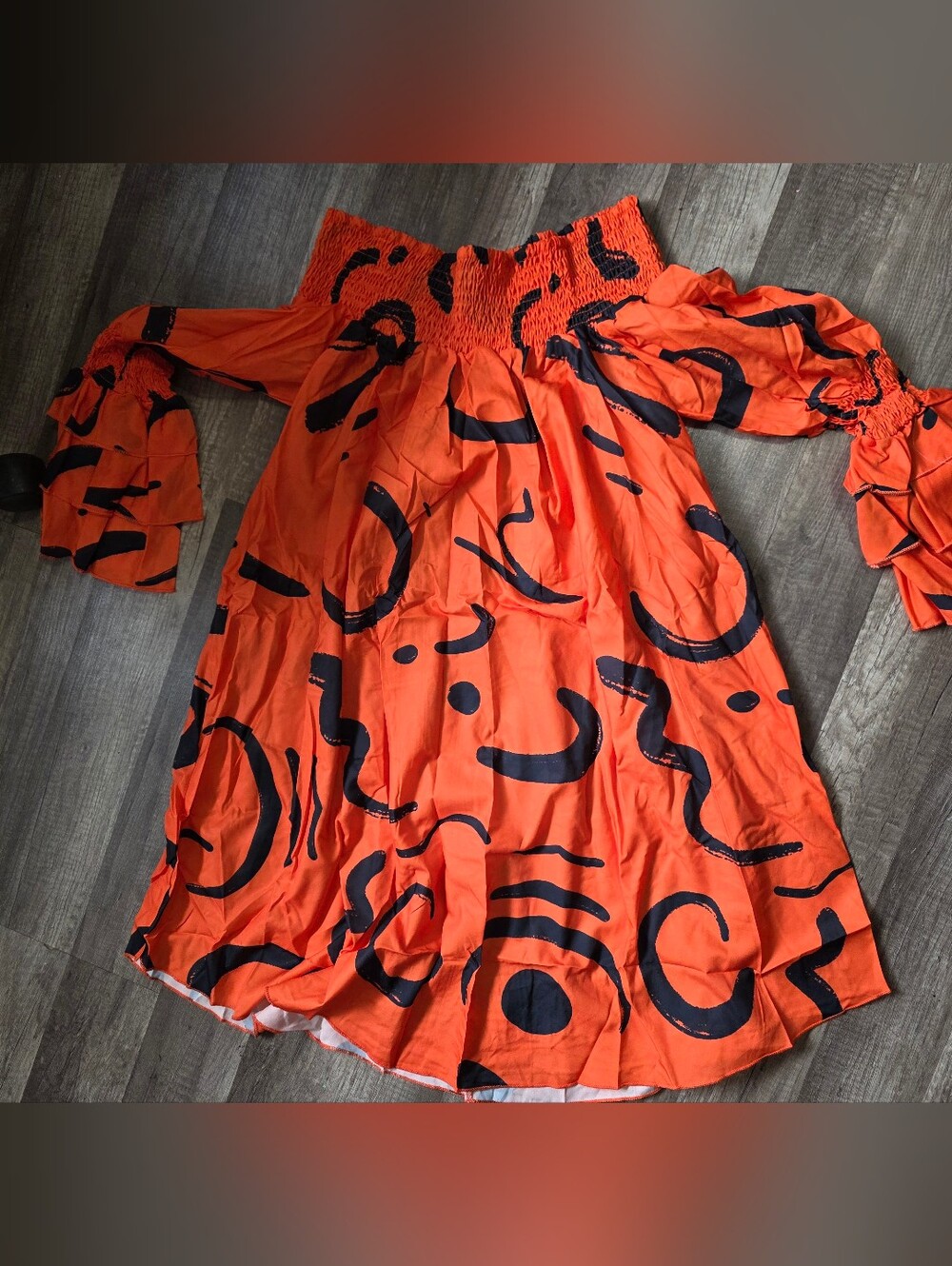 Ruffle Y2K 80s Neon Cascade Geometric Orange Off-Shoulder Smocked Dress 90s